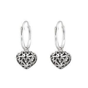 Sterling Silver Filigree  Hoop Heart Earrings